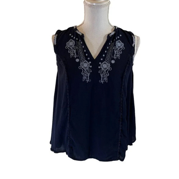 Knox Rose Blue Embroidered Blouse XS Sleeveless Flowers V Neck Boho Embellished - Picture 1 of 7